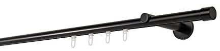 ondeco Gardinenstange auf Maß Innenlauf 20mm Cap 1-lauf Vorhangstange Wandträger 12cm Stilgarnitur Gleiter für Vorhänge Schwarz 220cm