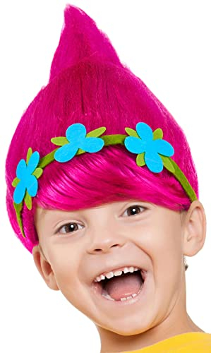 Troll Perücke für Kinder Mädchen & Jungen in pink, türkis und grün als Ergänzung für das Trolls Kostüm an Fasching und Karneval (Pink + Blumenkranz)