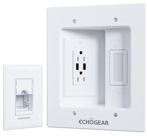 ECHOGEAR in Wall Cable Concealer Kit with 2X AC Outlets & 2X USB-A Ports - Hide TV Power Cables & Low Voltage Wires Behind The Wall - Includes Template, Saw, & Low Profile Extension Cord - White