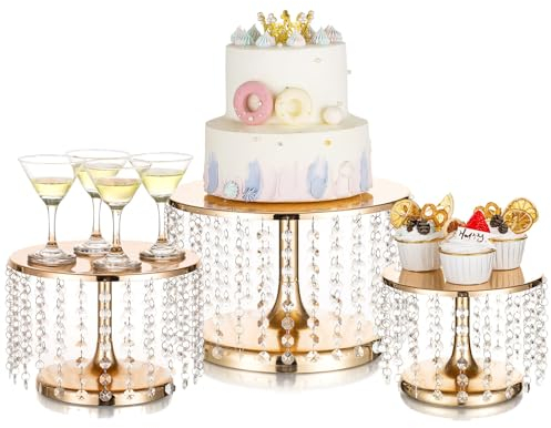 Inweder Set Alzate per Torte Oro - Set di 3 Alzate per Cupcake Metallo con Pendenti in Cristalli Acrilici Set Espositori Tavolo Dessert Alzate Torte Tè Pomeridiano Decorazioni Compleanno Feste Casa