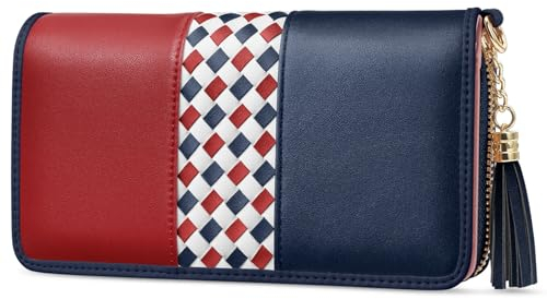 Jocose Moose Damen Geldbörse, große Kapazität Kunstleder Brieftasche, Reißverschluss RFID Geldbörse mit Quaste Anhänger, 12 Kartenfächer und Münzfach