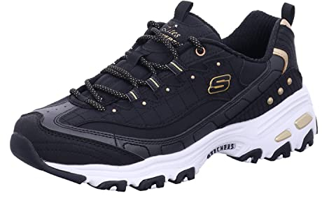 Skechers Womens D'Lites Ladies Night Trainers, Black Duraleather Gold Trim, 5 UK