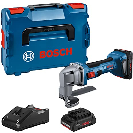 Bosch Professional 18V System Akku Blechschere GSC 18V-16 E (Leistung 700 W, Griffbreite 156 mm, bürstenlose Motortechnologie, inkl. 2x 4.0Ah ProCORE Akku, Schnellladegerät GAL 18V-40, L-BOXX)