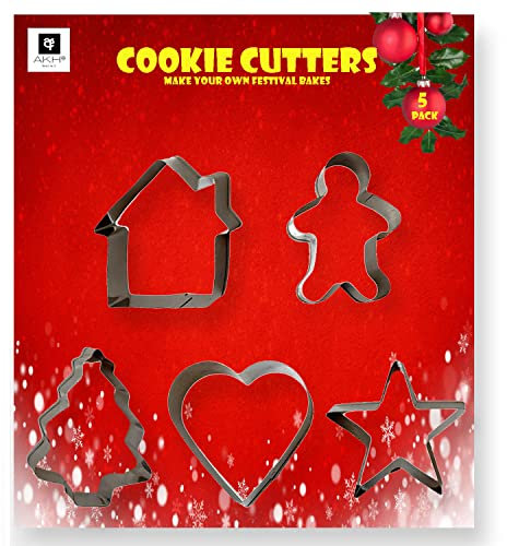 AKH® Christmas Cookie Cutter Set | Pack of 5 | Stainless Steel | Christmas Biscuit Cutters | Xmas Tree, House, Star, Heart, Gingerbread Man Shapes Included | Christmas Cookie Stamp for Cookie Baking
