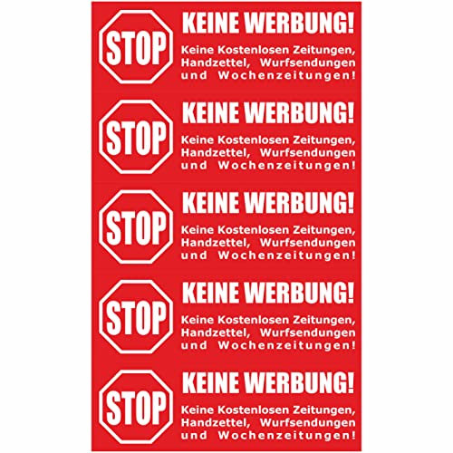 Briefkastenaufkleber - Achtung Stop Bitte Keine Werbung! 10 Aufkleber rot - 105x35mm - Keine kostenlosen Zeitungen, Handzettel, Wurfsendungen und Wochenzeitungen!