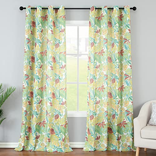 Leeva Vorhänge mit Blätterdruck, 213 cm lang, Vintage-Stil, 70 % Verdunkelung, solide Fensterbehandlung für Kinderzimmer, 2 Paneele, reduzierende Vorhänge für Bauernhaus, 132 x 213 cm