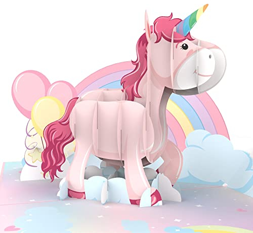 MOKIO® Pop-Up Karte – Rosa Einhorn mit Regenbogen – süße 3D Grußkarte zum Geburtstag, Glückwunschkarte zum Kindergeburtstag