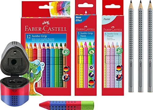 Faber-Castell - Farbstift Jumbo Grip Kartonetui 12er + 5er Etui Jumbo Grip Neonfarben + 5er Etui Pastellfarben + 3 Jumbo Bleistifte + Spitzdose und Radierer