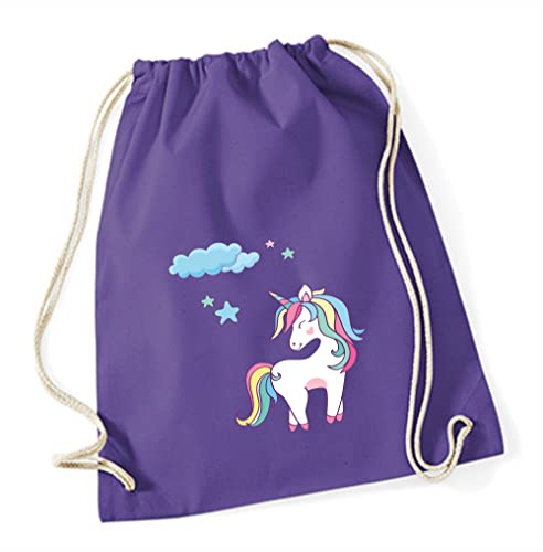minimutz Turnbeutel Einhorn für Mädchen | Stoffbeutel Baumwolle Unicorn mit Sternen | Sportbeutel zum Zuziehen mit Kordel 37cm x 46cm (lila)