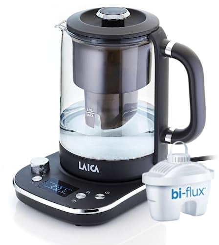 LAICA ISEO Bollitore Elettrico Filtro, Capacità 1,5L con Livelli di Temperatura Variabili + 1 Cartuccia Filtro Acqua Bi-flux® per Tè e Caffè, 2.5kw - Vetro, Nero