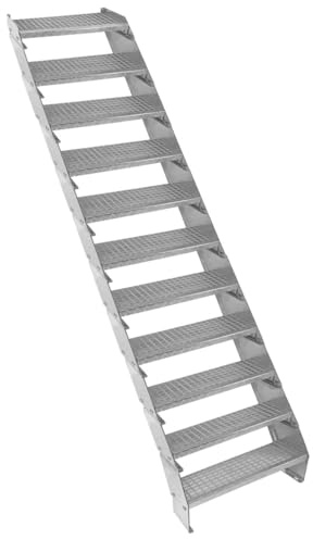 Scala in metallo a 11 livelli regolabile in altezza 60 cm di larghezza Acciaio zincato argento 11 gradini regolabili Griglia resistente alle intemperie Spessore asta 5 mm Kit di fissaggio GRATUITO