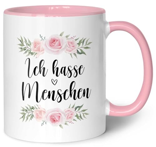 GRAVURZEILE Tasse mit Spruch - Ich hasse Menschen - Lustiges Geschenk für Freunde - Geschenk für Frauen & Männer - Geschenk für Sie & Ihn - Kaffeetasse Kaffeebecher Teetasse - Farbe: Rosa