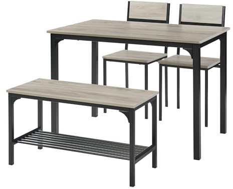 Panana Dining Table and 2 Chairs with Bench, 4 Piece Breakfast Dining Table and Chairs Set for Kitchen Home Bistro Patio Garden (Grey)