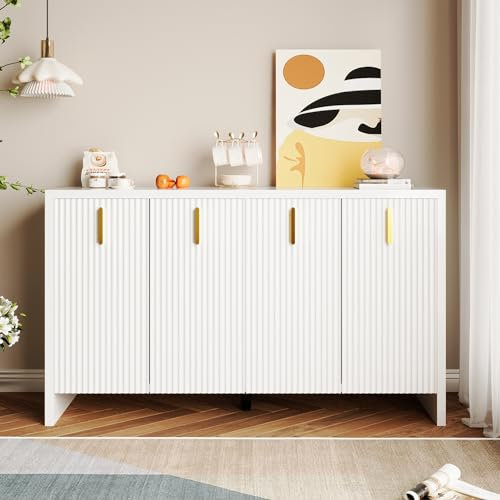 Buffet moderne - Blanc - Design élégant - Buffet avec poignées dorées et cloisons réglables (140 x 80 x 38 cm)