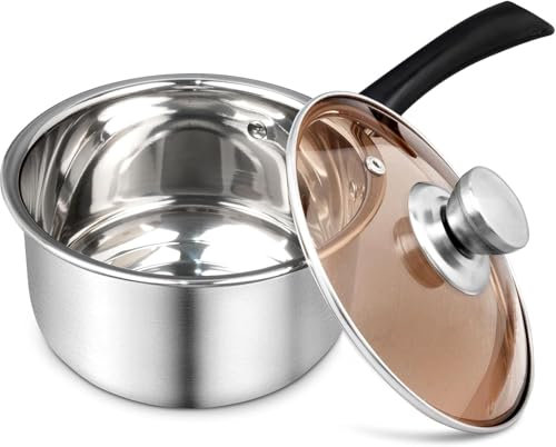 2.3L Stainless Steel Saucepan, 20cm Small Sauce Pan with Lid & Heatproof Handle, 2.4 Quart Multipurpose Cooking Pot Milk Pan for Kitchen Restaurant Cooking