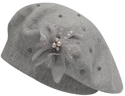 ZLYC Damen-Barettmütze, wendbar, einfarbig, Kaschmir-Mosaik, warme Baskenmütze für Mädchen, Perlen-Blumen-Grau, Einheitsgröße
