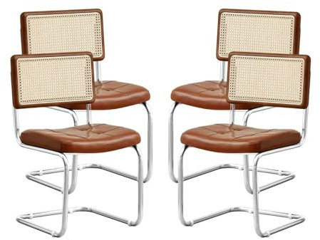 Juego de 4 Sillas de Comedor de Ratán de Mediados de Siglo con Asiento de Piel Sintética Tapizado con Base de Metal para Comedor, Cocina, Sala de Estar, Muebles, Sillas de Ocio Retro (1/2/4 Piezas)