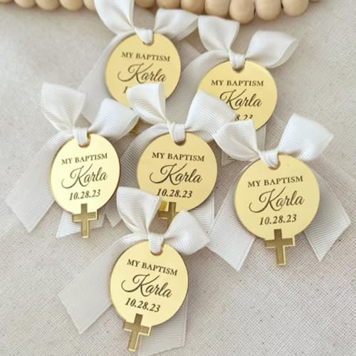 Croix de Baptême Personnalisée en Or, Étiquette de Nom en Acrylique avec Miroir, Logo de Nom Calligraphié, Étiquette de Croix de Baptême, Étiquettes de Cadeaux de Baptême (80 pièces, 3 cm)