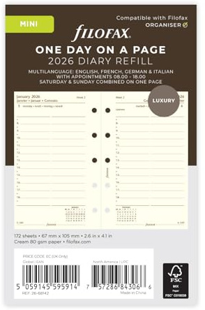 Filofax Mini-Tagebuch 26-68142, Tag pro Seite, cremefarben, 4-sprachig, 2026