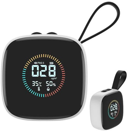 Air Monitor Pm2.5, LED Display Air Quality Detector, Portable Home Humidity & Contaminación Tester, Recargable Sensor con Correa Compacta, para Bedrooms, Living Areas, 3,9 x 2,52 pulgadas