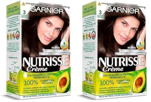 Garnier Nutrisse Creme Coloración Nutritiva Permanente, Tinte 100% Cobertura de Canas con Mascarilla Nutritiva de 4 Aceites - Tono 3 Castaño Oscuro (Paquete de 2)