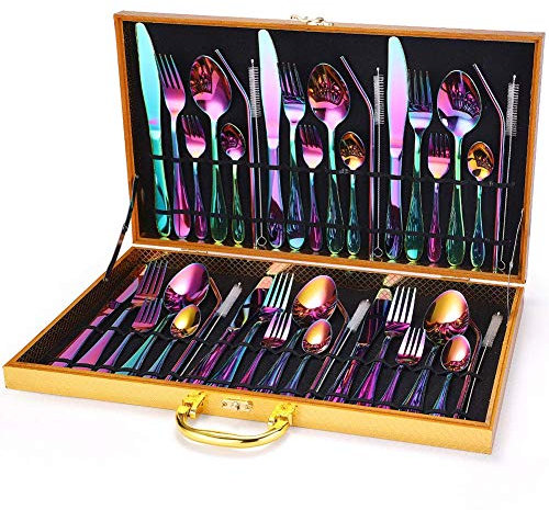 WDSOPK Besteckset Mit 12 Stück, Edelstahl In Lebensmittelqualität, Elegant Und Gesund, Inklusive Messer, Gabeln Und Löffel, Für Zuhause, Hotel, Restaurant, Leder-Geschenkbox(Colorful-42Pcs)