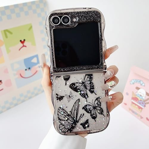UEEBAI für Samsung Galaxy Z Flip 5/6 5G Hülle, Nie Vergilbung, Schwarz | Durchscheinend Liquid Silikon Case mit Schmetterlingsmuster, Wellen Rahmenform Stoßfeste Schutzhülle für Frauen Mädchen