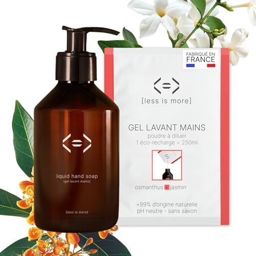 Less is More, Gel Douche Naturel en Poudre à Diluer Osmanthus/Jasmin, sans SLS, sans Savon, Kit Bouteille + 1 Recharge Ecologique sans Plastique à Usage Unique, 250ml à Reconstituer, Made in France
