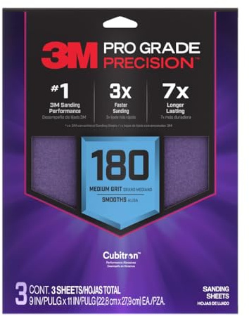 3M Pro Grade Precision Sanding Sheets with No-Slip Grip, 9 x 11 in, 180 Grit, 3-Pack (SHR180-PGP-3T)