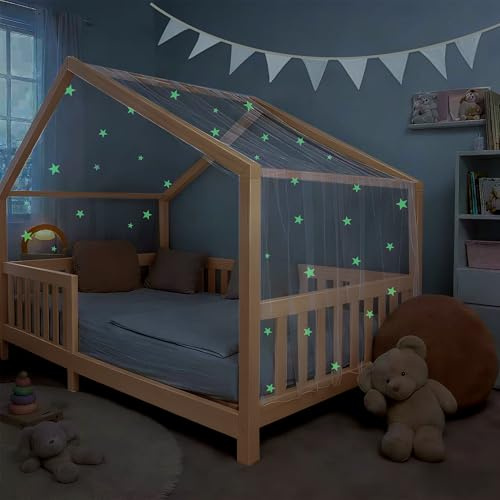 ToxyJopy Hausbett Himmel mit leuchtenden Sternen – Betthimmel für Kinderbett 90x200 & 120x200 – Vorhänge mit Glow-in-The-Dark Sternen – Deko für Mädchen & Jungen – Himmelbett Zubehör Kinderzimmer