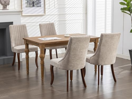 FINTHOMING Esszimmerstühle 4er Set, Essstühle 4er Set mit Geschwungenen Massivholzbeinen, Bequemer Chenille-Stoff Esszimmerstuhl, Belastbarkeit 150kg, Beige