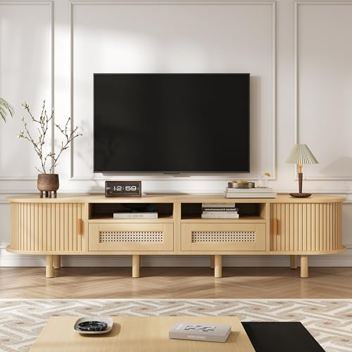 BTM 170x40x40cm Ovaler TV-Ständer und Fernsehtisch, TV-Schrank mit 2 Rattan Design Schubladen, 2 Schiebetür, Lowboard und Fernsehtisch bis zu 70 Zoll, TV-Board und TV-Kommode, Holz
