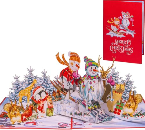 LINPOPUP® Weihnachtskarte 3D – Handgemachte Pop-Up Karte mit Weihnachtsmotiv – Grußkarte mit Umschlag – Geschenkidee zu Weihnachten, Schneemann & Ski (N464)