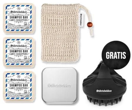 Störtebekker® Premium Duschset - Festes Shampoo Anti-Schuppen (x3), Sisalsäckchen, Seifendose Aluminium + GRATIS Scalp Brush - Shampoo Set für Haare & Kopfhaut - Handgefertigt