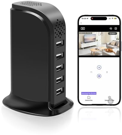 Tkiplay Cámara de seguridad espía oculta WiFi, cargador USB, cámara oculta FHD 1080P para interiores, cámara oculta para el hogar, 5 puertos de carga, cámara de niñera oculta con detección de
