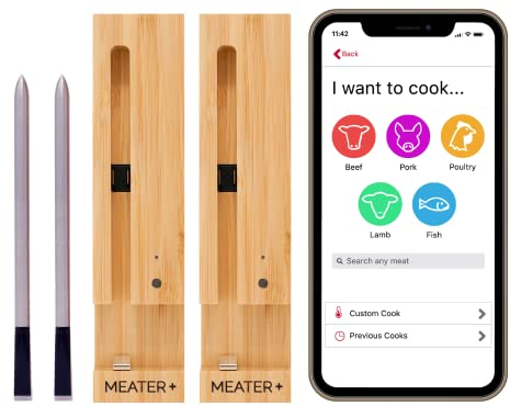 Due MEATER Plus Risparmia €9 | Termometro Bluetooth Fino a 50 Metri a Sonda Senza Fili Per Forno, Grigliate, Barbecue. App in Italiano Compatibile con iPhone, Android, iPad e Tablet