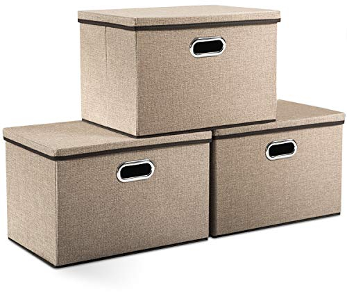 PRANDOM Aufbewahrungsbox mit Deckel Groß,Faltbarer Leinen Stoff Aufbewahrungsboxen, Aufbewahrungskorb mit Griff,Dekorative Stapelboxen,Organizer Container,Khaki[3-stück] 43x30x30cm