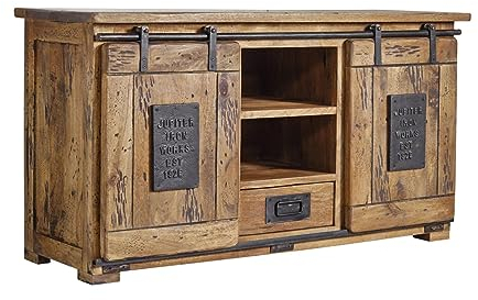 MASSIVMOEBEL24.DE | Railway massives Sideboard - Natur lackiert | Mangoholz | 2 Türen - 1 Schublade | 128x45x70 | Used-Look | Kommode Tv-Sideboard Wohnzimmer-Schrank