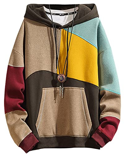XIAOYAO Men's Fashion Hoodies Techwear Color Block Long Sleeve Sweatshirts Unisex Lightweight Colourful Hoodie Pullover Khaki