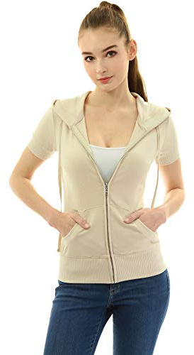 AmélieBoutik Women Hoodie Zip Up Short Sleeve Jacket (Beige Small 8/10)