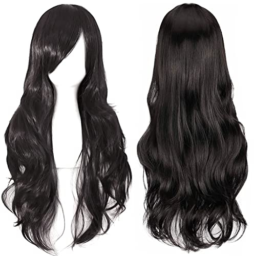 Colorfulpanda 70cm lange gewellte lockige cosplay perücke schwarz für frauen,volles haar mit pony Halloween Perücke für mädchen,Cosplay Wig für Anime Kostümparty Karneval