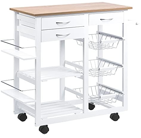 HOMCOM Carrito de Cocina Carro de Servicio Multifuncional con Cajones Cestas Estantes para Especias Toallero Ruedas 92x37x82 cm Blanco