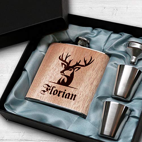 Pixelstudio Holz Flachmann mit Hirsch Gravur personalisiert mit Name! Mit Geschenkset als Männer Geschenk für Jäger persönlich. Hirsch Flachmann mit Gravur.
