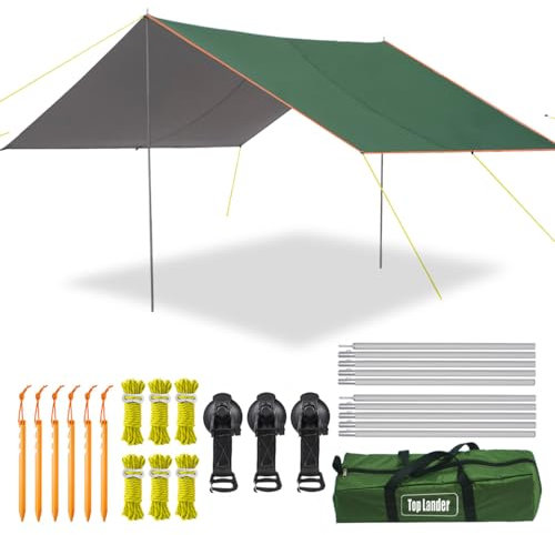 Large Waterproof Camping Tent Tarp with Aluminum Awning Poles Ultralight Rain Shelter Canopy Mutifunctional Bivvy Accessories for Fishing Beach Hiking Outdoor Backpacking Hammock