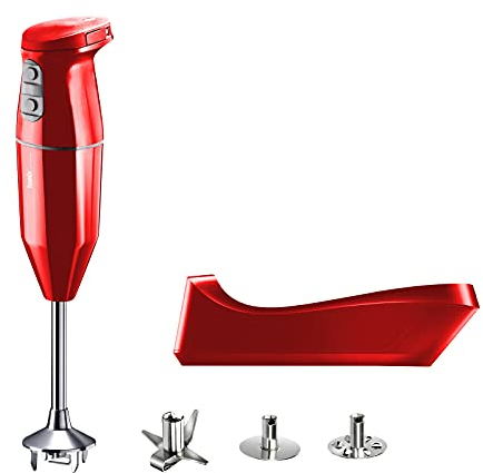 bamix cordless Set avec mixeur plongeant sans fil, Station de charge, Couteau étoile, Disque fouet, Disque mélangeur, Inox, 250 W, 2 vitesses, Fabriqué en Suisse, Rouge