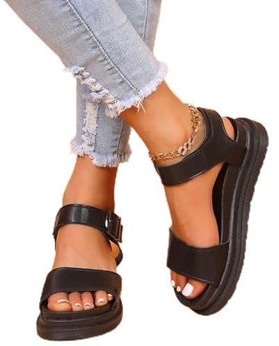 GLEYDY Sandales Femme été Décontractées Confortables Femmes Sandale Plateforme PU Cuir Antidérapant Poisson Bouche Sandales Plates Bout Ouvert Chaussures Plateforme,Noir,35