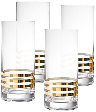 Barski Highball-Gläser aus Glas – 4 Stück – Hiballgläser – Kristallglas – drei goldene Streifen – Trinkgläser – für Wasser, Saft, Wein, Bier und Cocktails – 400 ml – von Barski – hergestellt in Europa