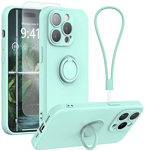 pcgaga Silicone Phone Case for iPhone 14 Pro with Screen Protector [Ring Holder Stand] [Wrist Strap] [Microfiber Lining] Slim Shockproof Protective Cover, 6.1 Inch, Mint Green