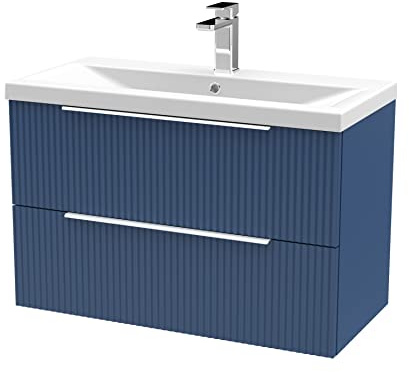 Hudson Reed DFF395A Fluted Modern Bathroom Wall Hung 2 Drawer Vanity Basin Unit with Mid-Edge Ceramic Basin, 800mm, Satin Blue