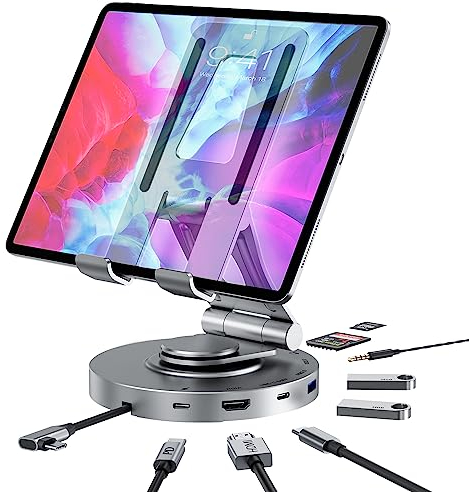 USB C Hub Stand, 8 en 1 USB C iPad Pro Docking Station Adapter avec 4K HDMI, PD 100W, TF/SD Card Reader, 2 * USB 3.0 et 3.5mm Audio Jack, Type c hub pour iPad Pro, Surface Pro 8/9, Galaxy Tab S8